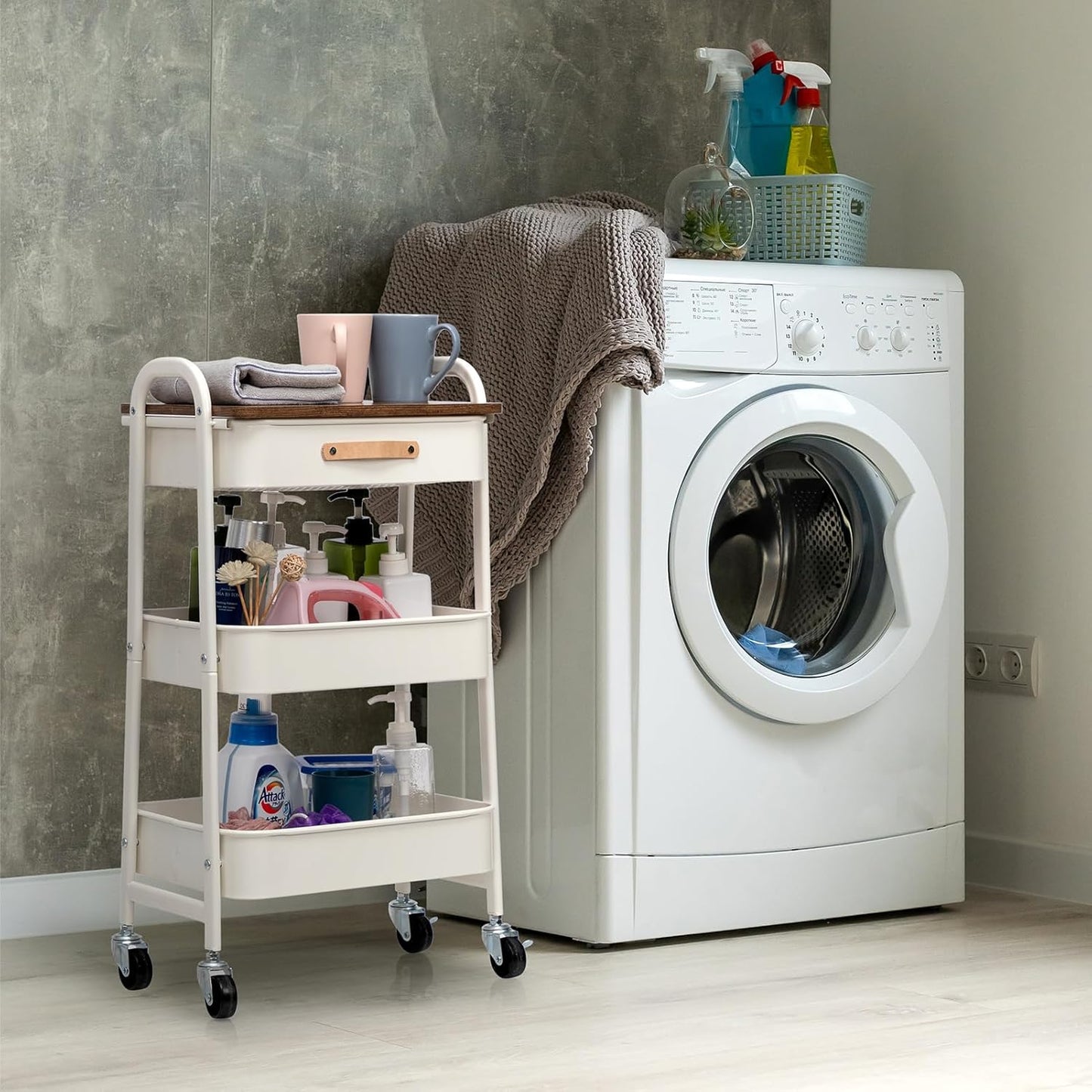 AGTEK Rolling Organizer Cart with Drawer, 3 Tier Movable Metal Utility Cart with Drawer, Mobile Trolley Cart for Home & Office, White