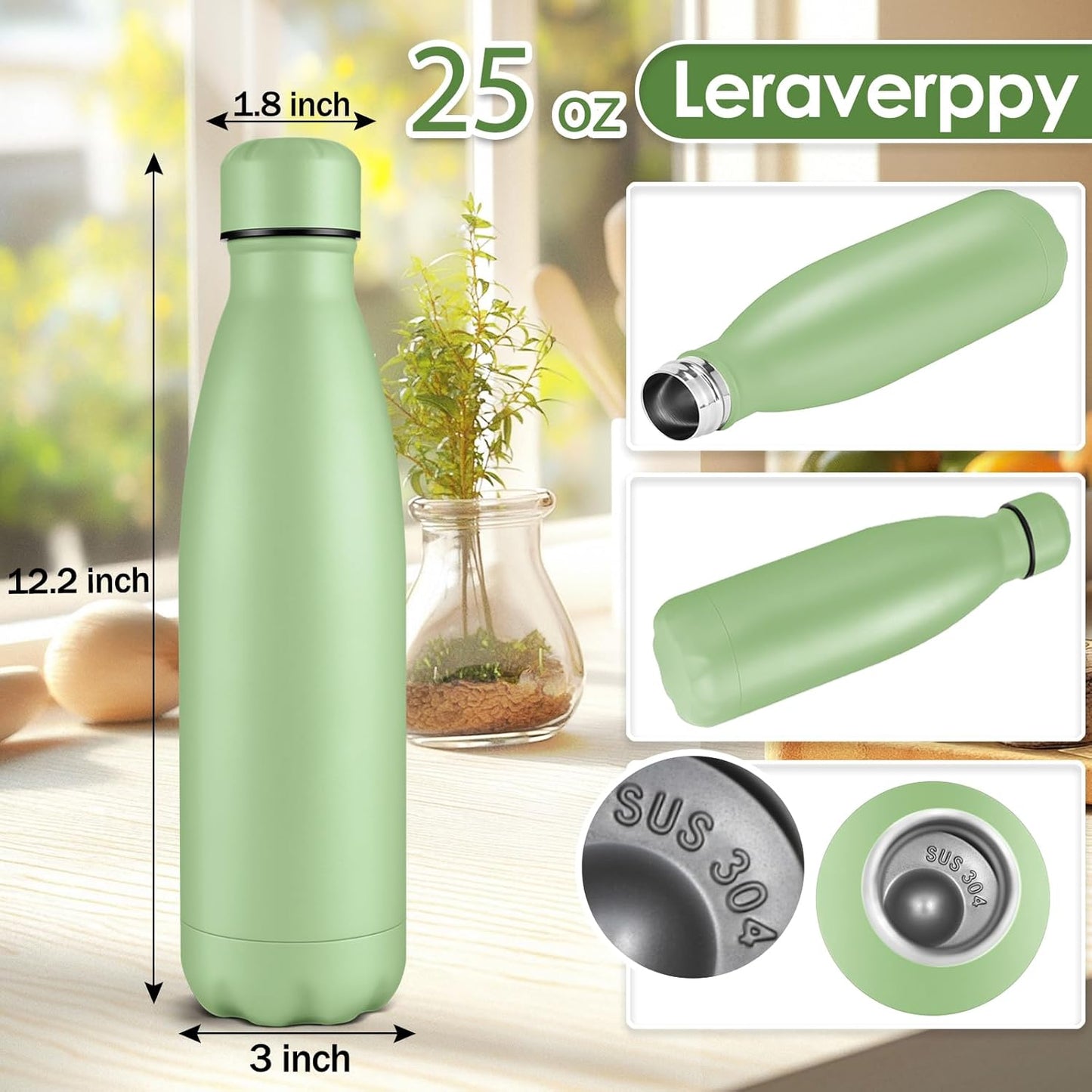 25oz Cola-Bottle Shaped Stainless Steel Leak-proof Water Bottle,Double Wall Vacuum Insulated Metal,Travel Mug For Sports Indoors & Outdoors,BPA-Free School Kids Flasks,Green(2 Pack)