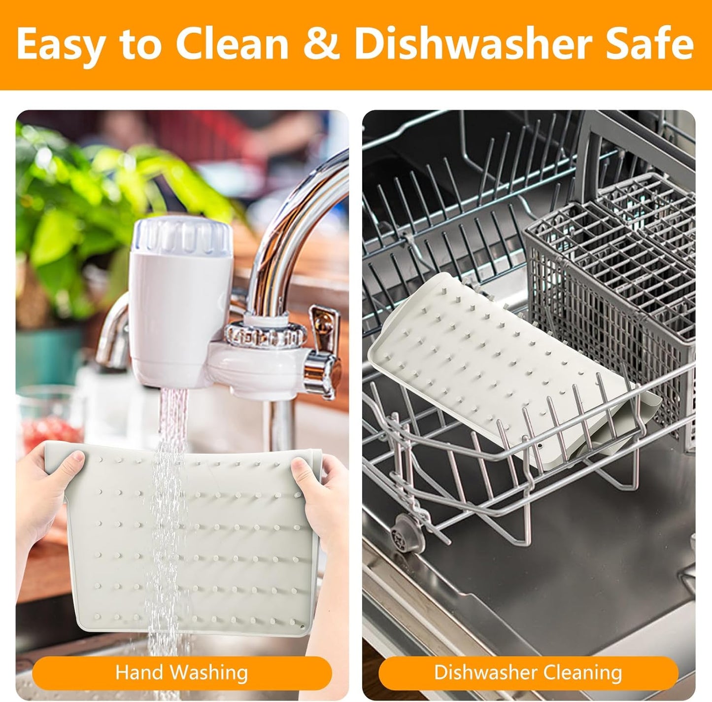 Silicone Dish Drying Mat for Kitchen Counter, Dish Drainer Mat, Non-Slip Drying Pad with Built-in Drain, Kitchen Drying Matt For Counter(18.9" x 11.8", Cream)