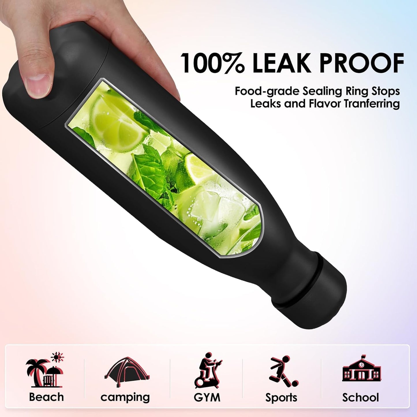 25oz Cola-Bottle Shaped Stainless Steel Leak-proof Water Bottle,Double Wall Vacuum Insulated Metal,Travel Mug For Sports Indoors & Outdoors,BPA-Free School Kids Flasks,Black(2 Pack）