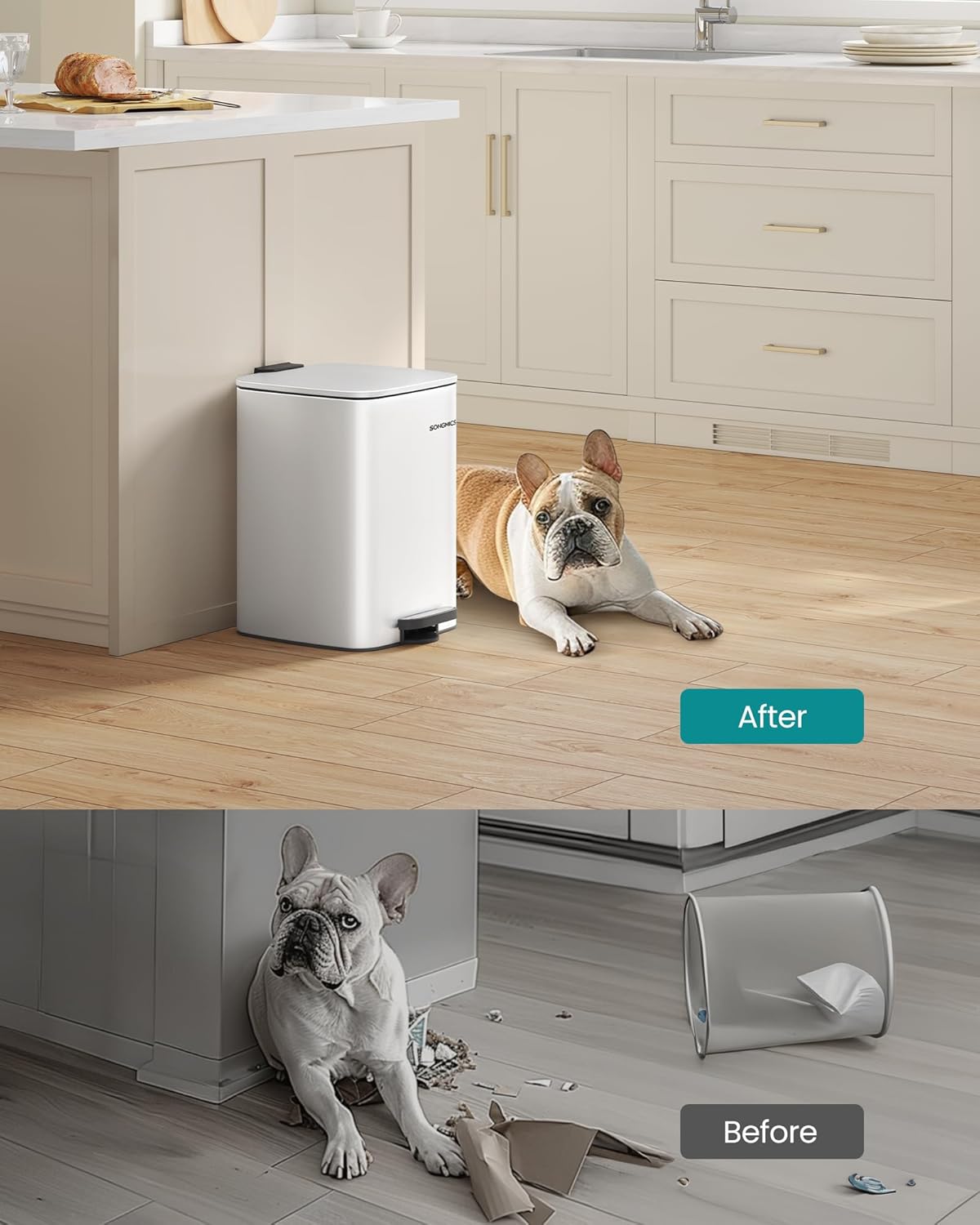 SONGMICS Kitchen Trash Can, 5.2-Gallon (20 L) Trash Bin, Stainless Steel Garbage Can, with Inner Bucket, Soft Close and Stays Open, Cloud White ULTB592W01