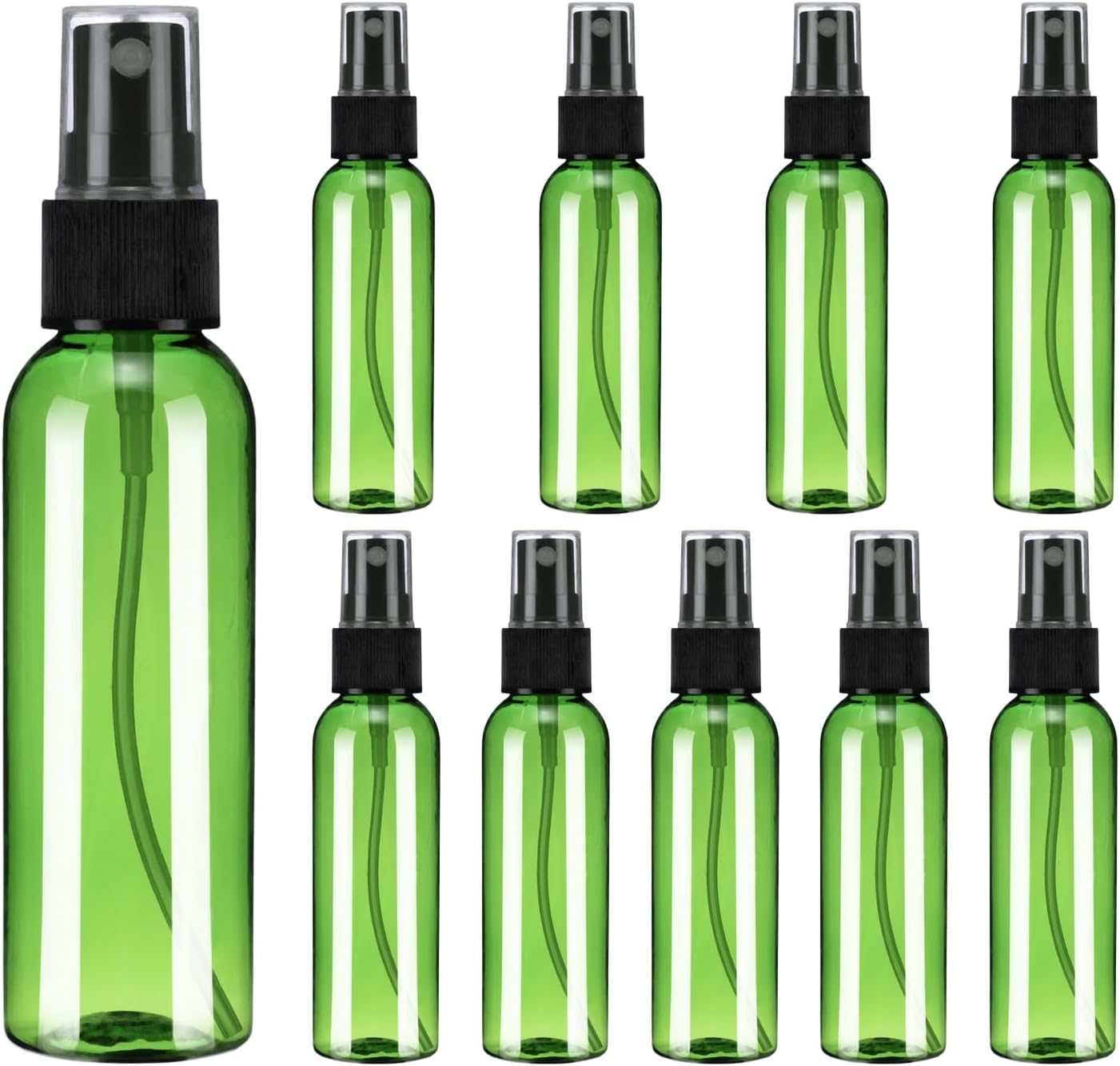 uxcell 10Pack Spray Bottles, 2 Oz/60ML Reusable Clear Empty Mist Plastic Mini Travel Bottle Set,Small Refillable Liquid Containers for Household Use, Essential Oil, Cleaning (Green Black)