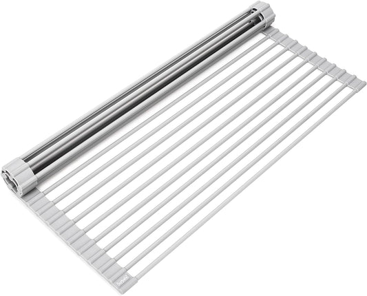 Surpahs Over Sink Foldable Multipurpose Roll-Up Dish Drying Rack, Silicone Wrapped Stainless Steel, Warm Gray, 20.5" x 15.5"