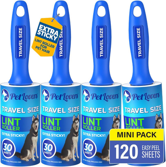 PetLovers Extra Sticky Lint Roller Mega Value Set for Pet Hair Removal and Clothes, Dog and Cat Lint Remover (Blue, 4 Pack Mini)