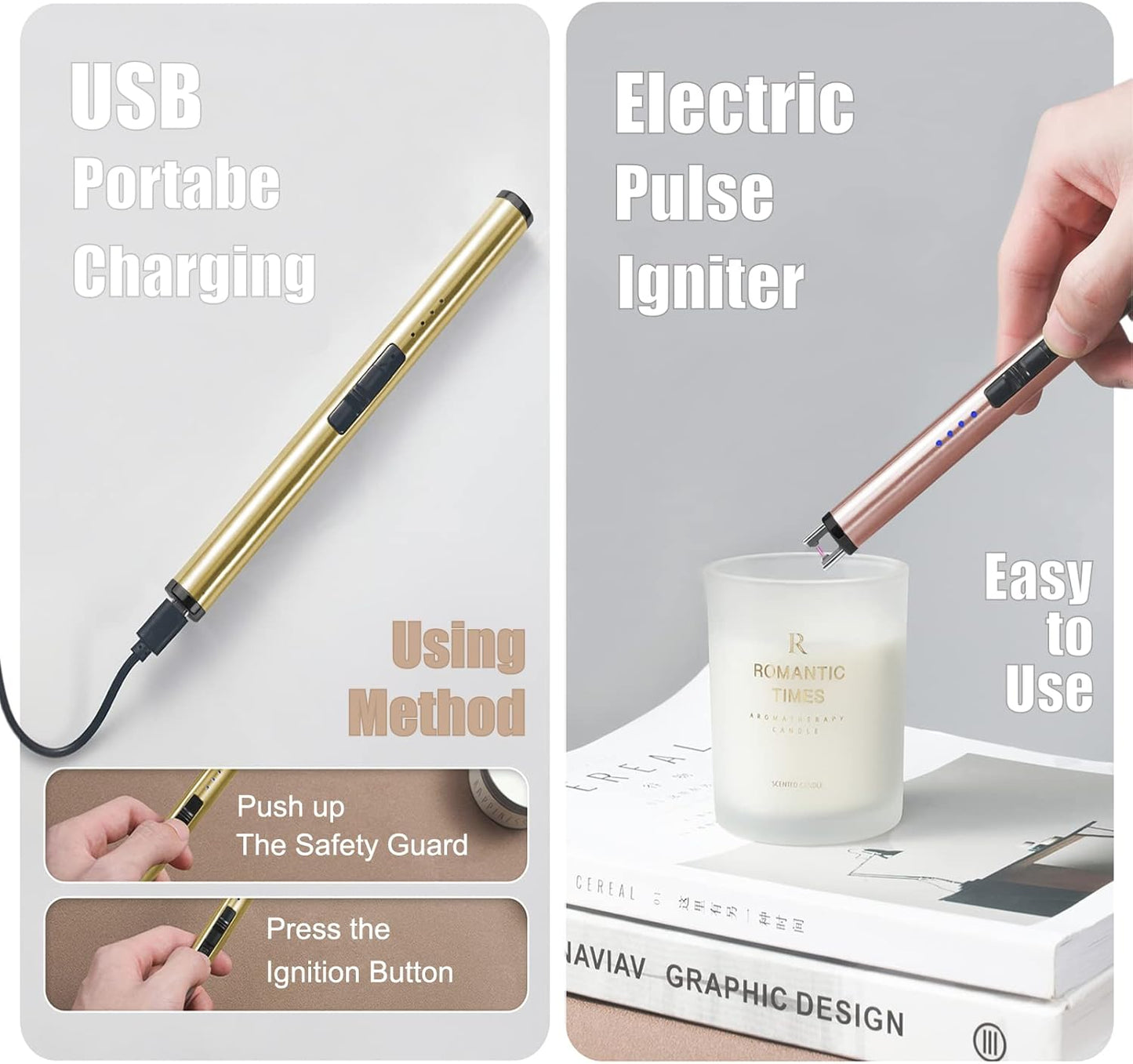 Exquisite Candle Accessories Tool Pack Bag, Rechargeable Electric Lighter， Wick Trimmer, Dipper, Snuffer and Tray Holder Elegant Kit Gift for Candle Lovers in Dating, Valentines Decor. (Rose Gold)