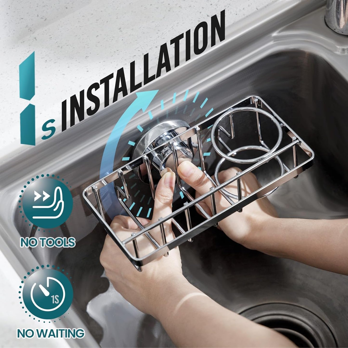 TAILI 4-in-1 Sponge Holder for Kitchen Sink with Strong Suction Cup Removable, Rustproof Aluminum Sink Caddy for Sponge, Brush, Scrubber, Scraper -Silver