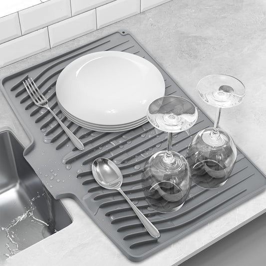 Silicone Dish Drying Mat for Kitchen Counter, Dish Drainer Mat, Non-Slip Drying Pad with Built-in Drain, Kitchen Drying Matt For Counter(18.9" x 11.8", Gray)
