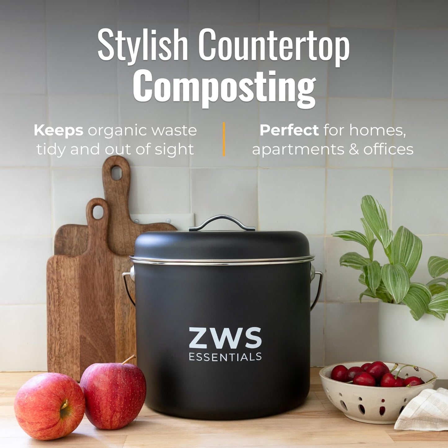 Black Stainless Steel Compost Bin | 6.5L Odor-Free Kitchen Countertop Food Scrap Pail with Charcoal Filter | Compact Zero Waste Solution for Home and Apartment Kitchens