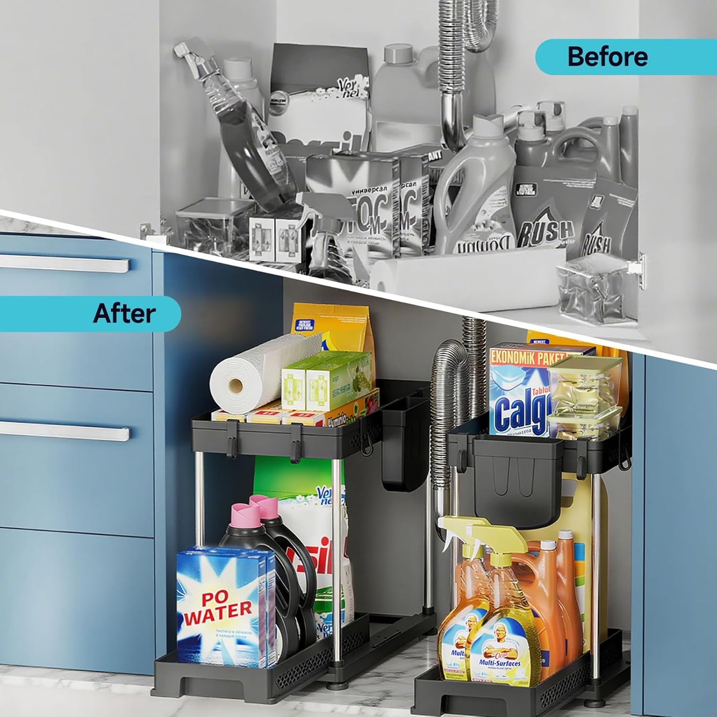 Under Sink Organizer, 2 Tier Pull Out Cabinet Organizer with Hooks Hanging Cup, Easy Installation & Rust-resistant, Multi-Purpose Storage Shelf for Kitchen Bathroom Pantry (Black, 2 Pack)