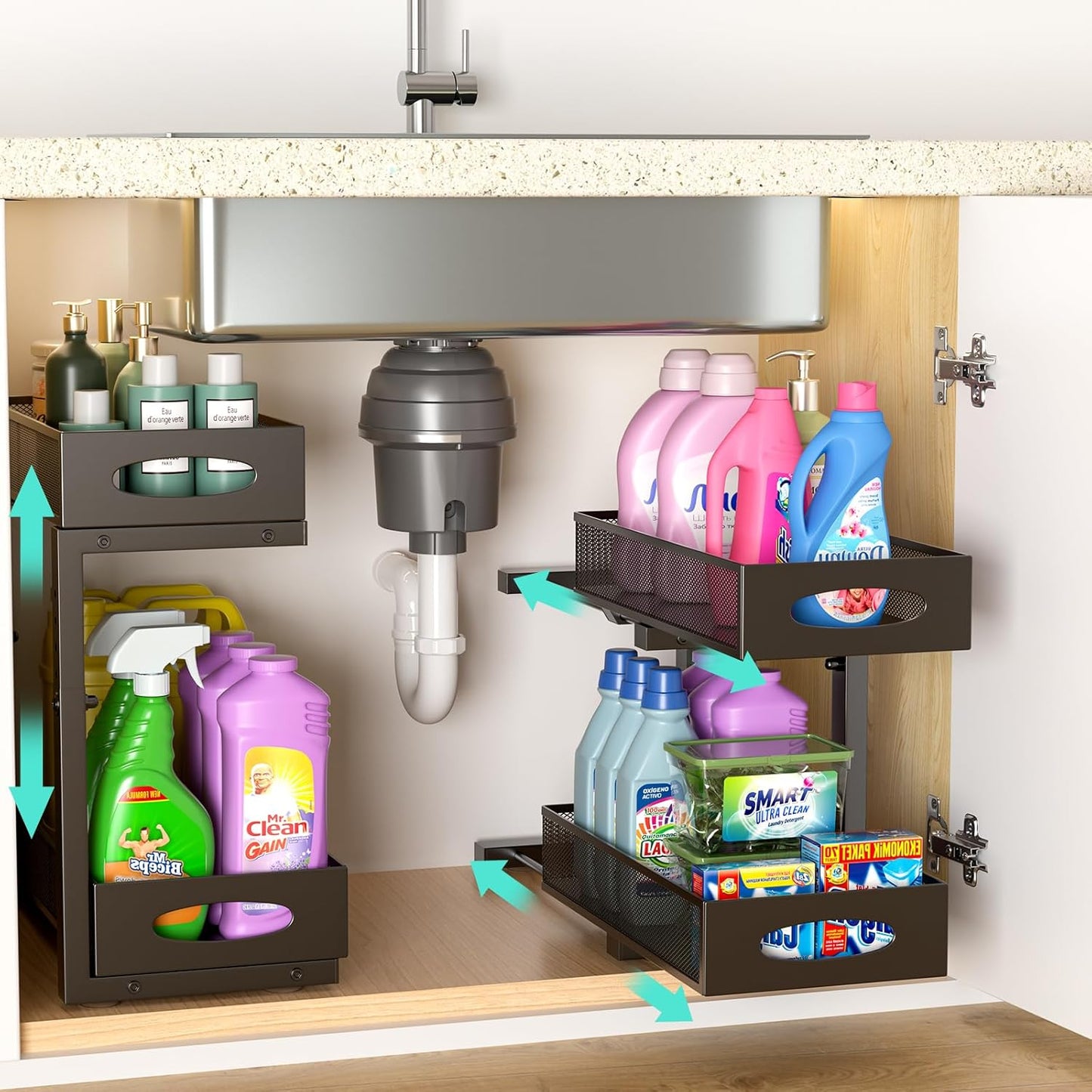 Under Sink Organizer, 2-Pack of 2-Tier Metal Slide Out Pull Out Cabinet Organizer Shelf, Height Adjustable Organization and Storage Series, Bathroom/Desktop/Cabinet/Kitchen Organization, Black