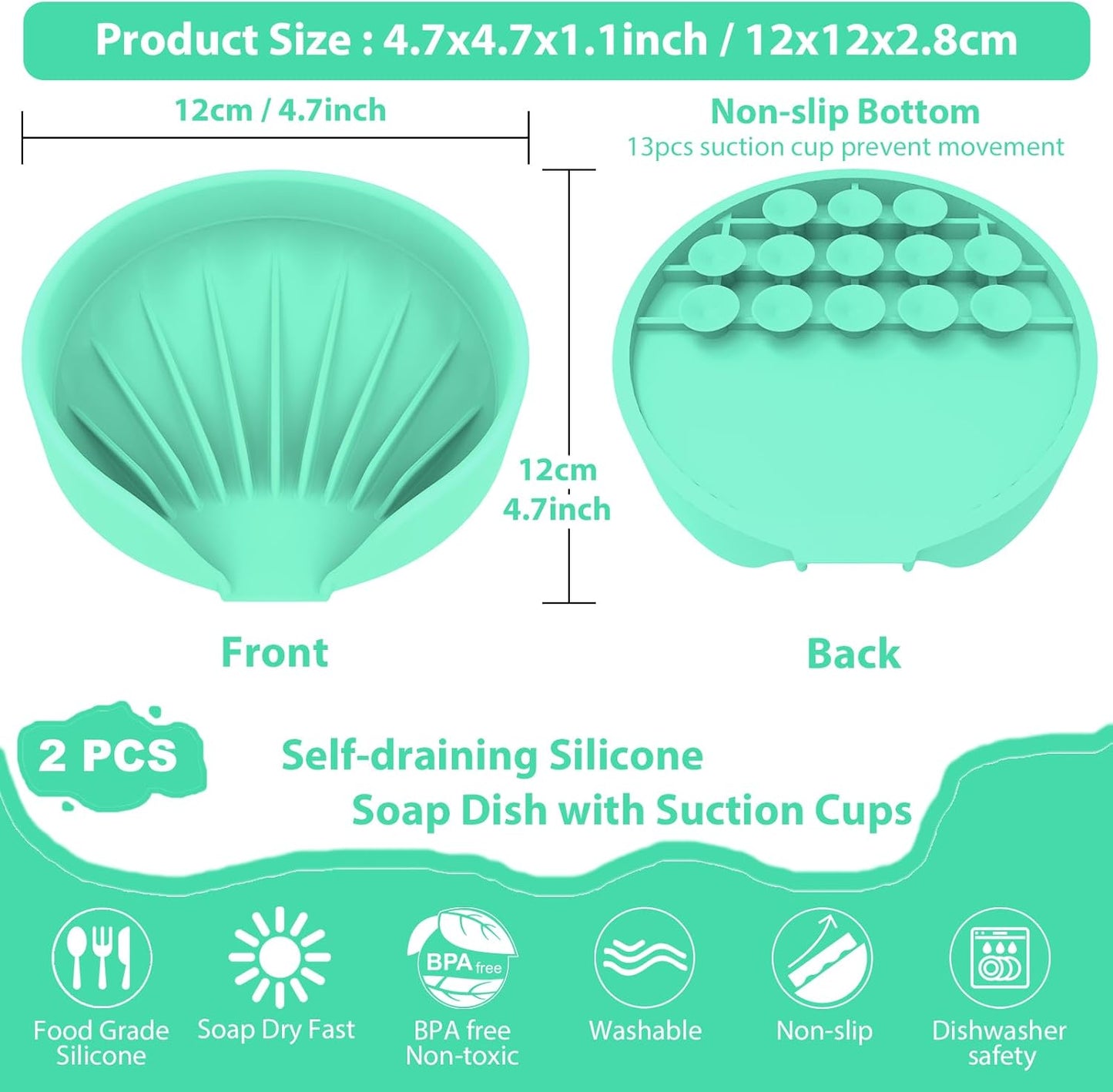 Self Draining Soap Dish, Silicone Suction Cup Soap Holder Tray Savers Container Sponge Holder for Bar Bathroom Shower Kitchen Sink, Can Extend Soap Life (2, Cyan)
