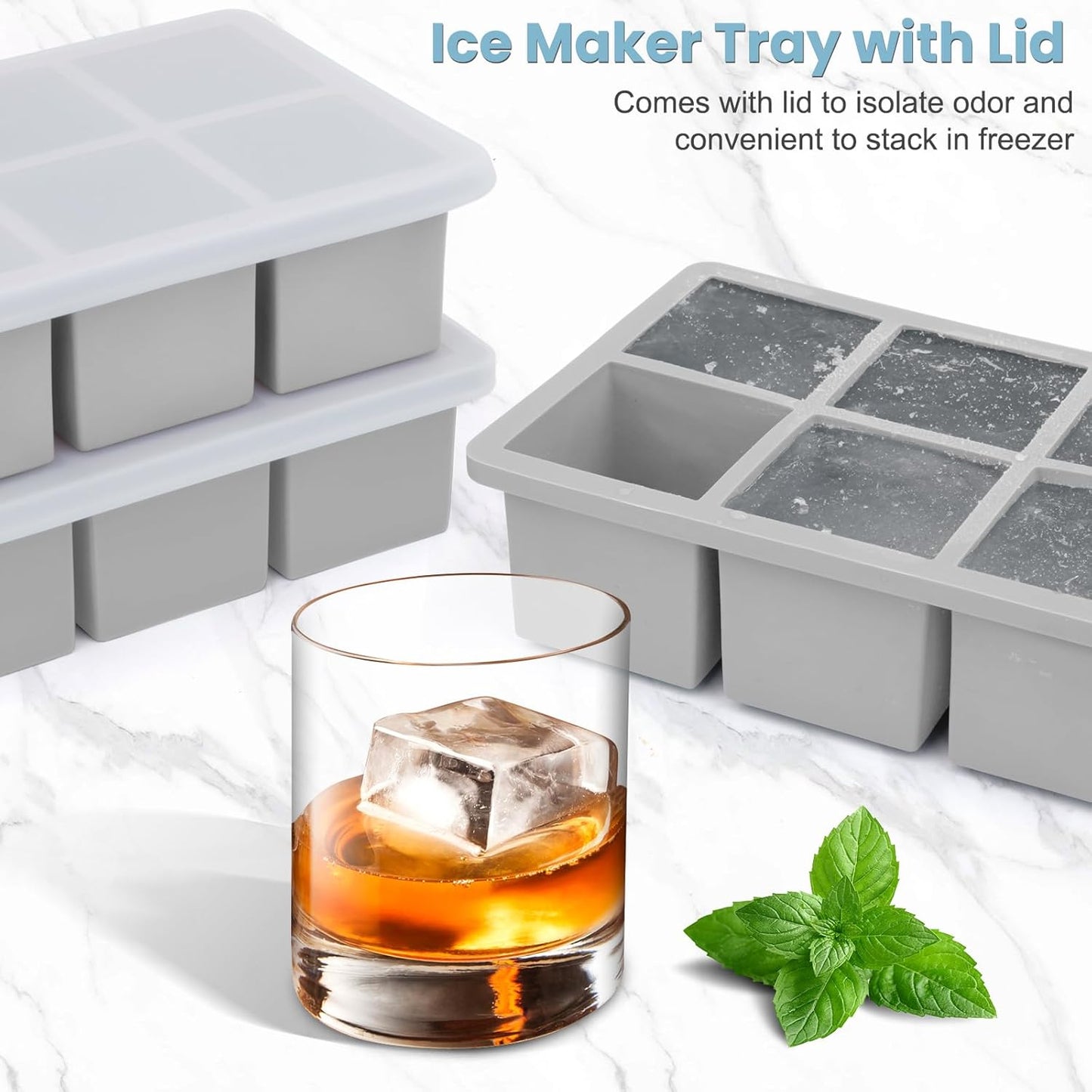 Large Silicone Ice Cube Tray 3Pack, SAWNZC Big Square Ice Cube Molds for Whisky Cocktail, Ice Maker Tray with Lid for Freezer, Easy Release (3, Grey)