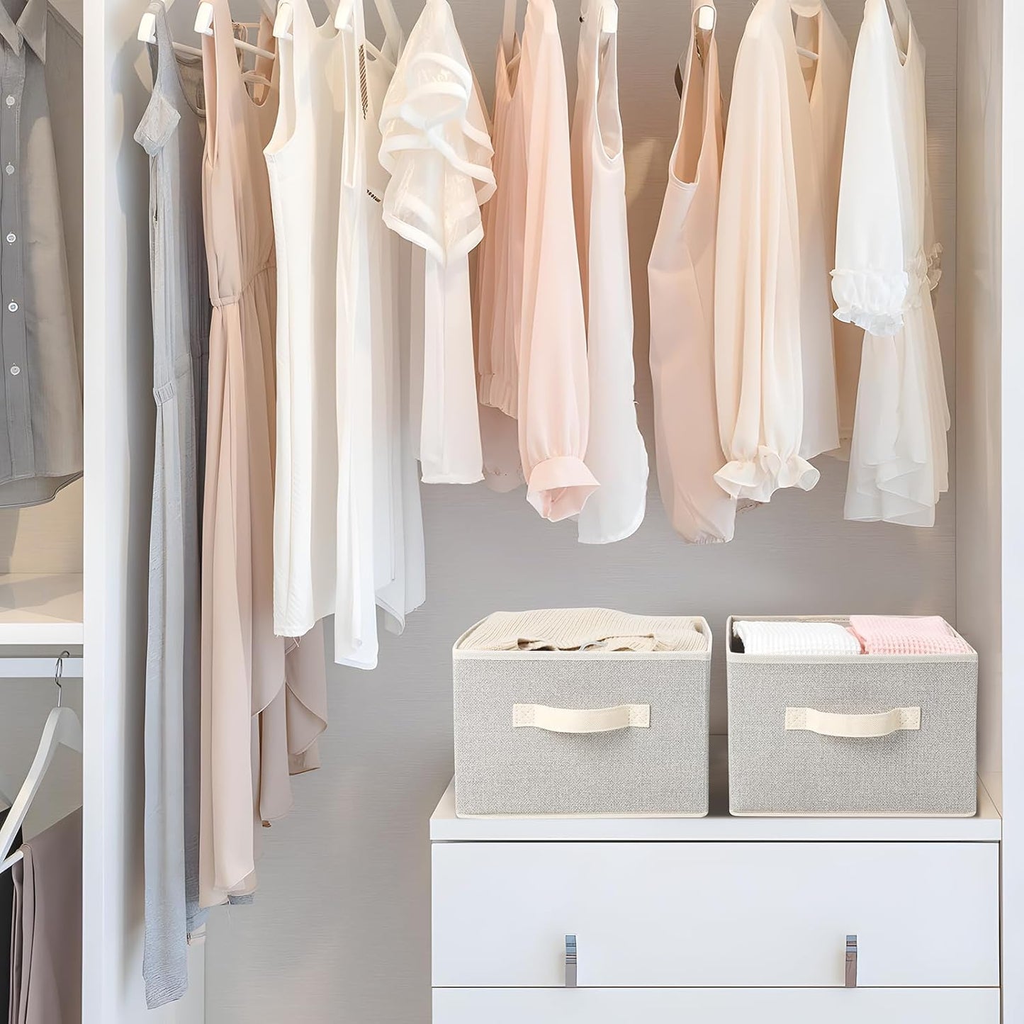 Storage Baskets, 11-Inch Woven Fabric Bins, Storage Cubes with Reinforced Handles, Organizer Bins for Closet Shelves, Foldable, for Toys, Clothes, Natural Beige (4PCS/Beige-11*11*7.8inch)