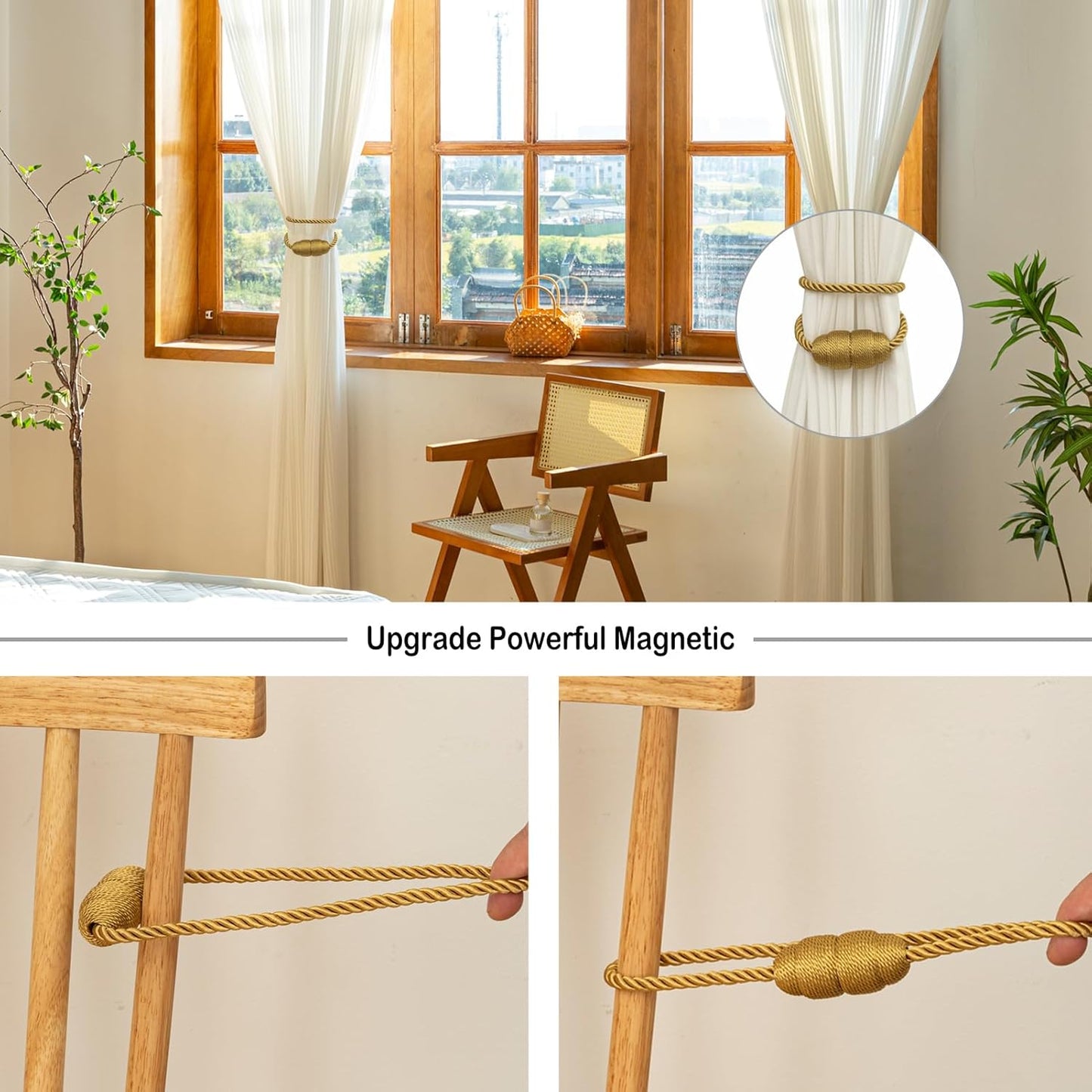 Magnetic Curtain Tiebacks Rope Curtain Tie Backs for Curtains 8 Pack Curtain Holders for Drapes Decorative Window Curtain Holdbacks, Gold