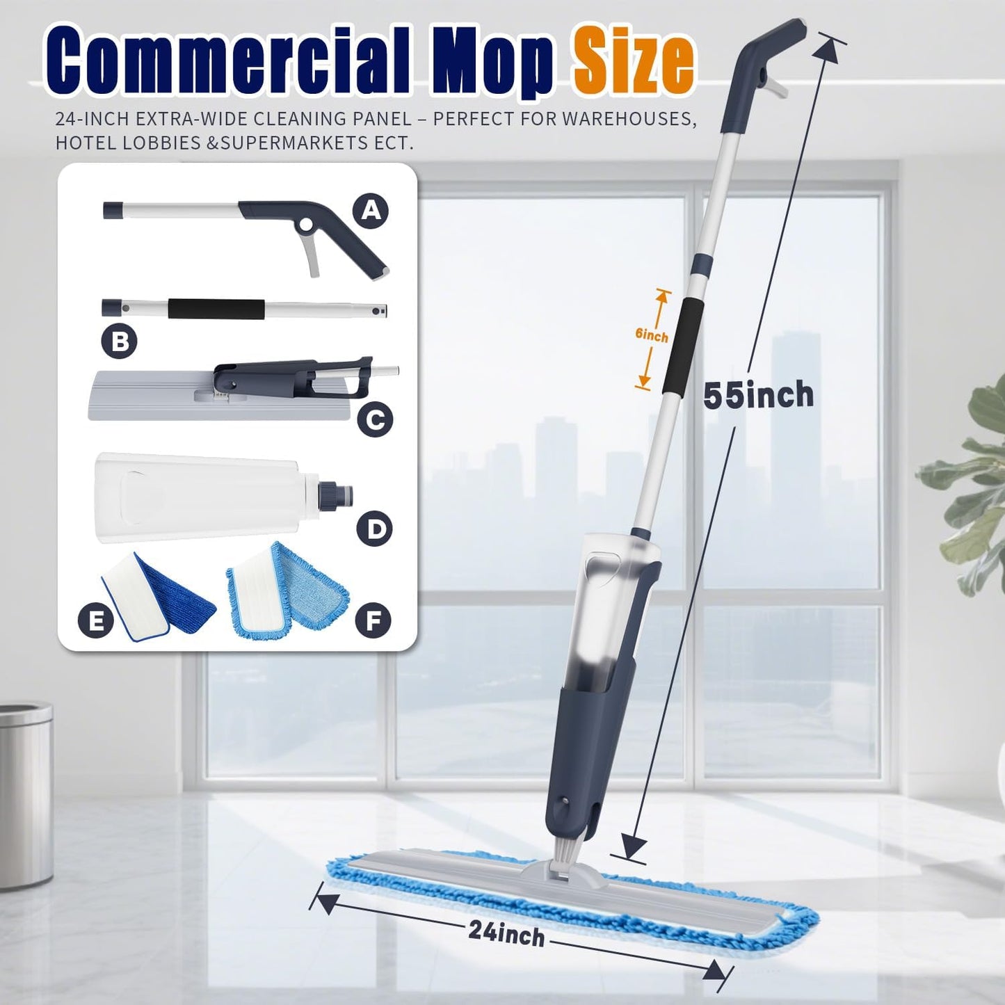 24" Microfiber mop for Floor Cleaning System, Commercial Heavy-Duty Wet Dry mops with Spray Mode, 28oz Tank, 2 Washable Pads, for Kitchen, Lobby, Pool, Factory, Office