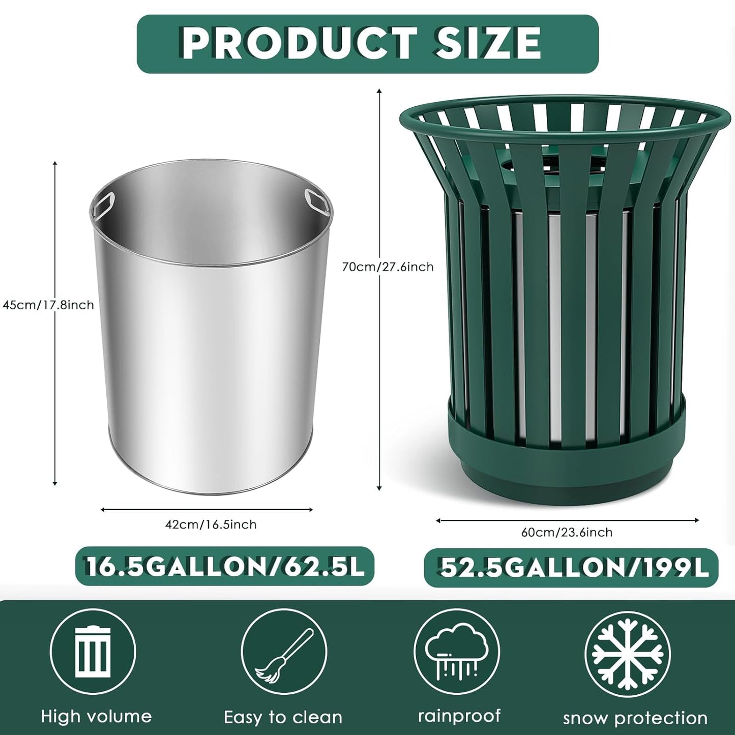 Round Heavy Duty Outdoor Trash Can, Large Metal Slatted Garbage Can for All Weather Resistant, Commercial Garbage Cans, Waste Receptacle in Park, Beach, Patio (Green, Large)