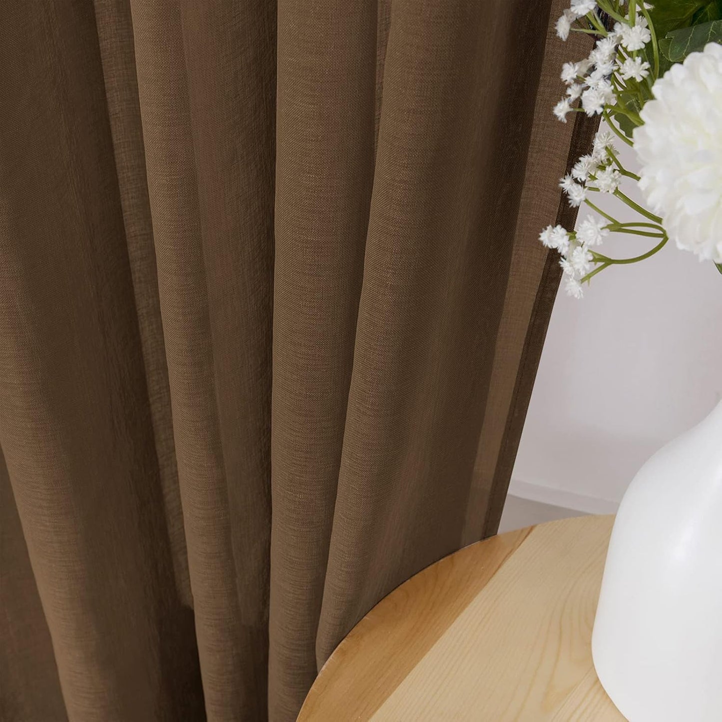 Tollpiz Sheer Curtains Linen Textured Bedroom Curtain Sheers Light Filtering Rod Pocket Voile Curtains for Living Room, 54 x 63 inches Long, Brown, Set of 2 Panels