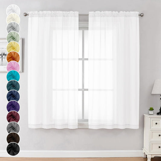 Chyhomenyc White Sheer Curtains 63 Inch Length 2 Panels Set, Light Filtering Rod Pocket Window Curtain Treatment Drapes for Bedroom Living Room, Each 42Wx63L, Set of 2, White