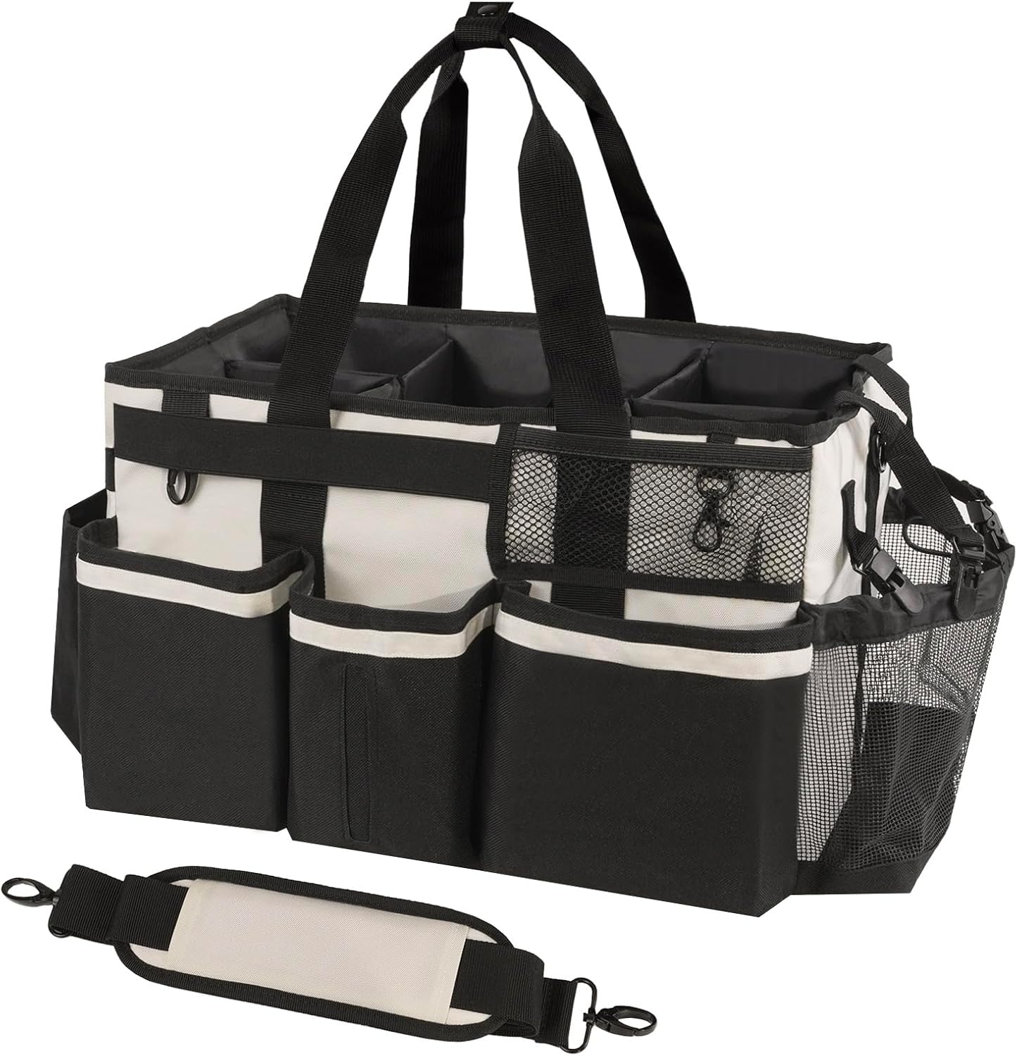 Wearable Cleaning Caddy, Cleaning Caddy Supplies Organizer with Handle & Shoulder Straps for Housekeepers, Under Sink & Car Cleaning Tool Organizers Bag with 4 Foldable Divider (Beige)