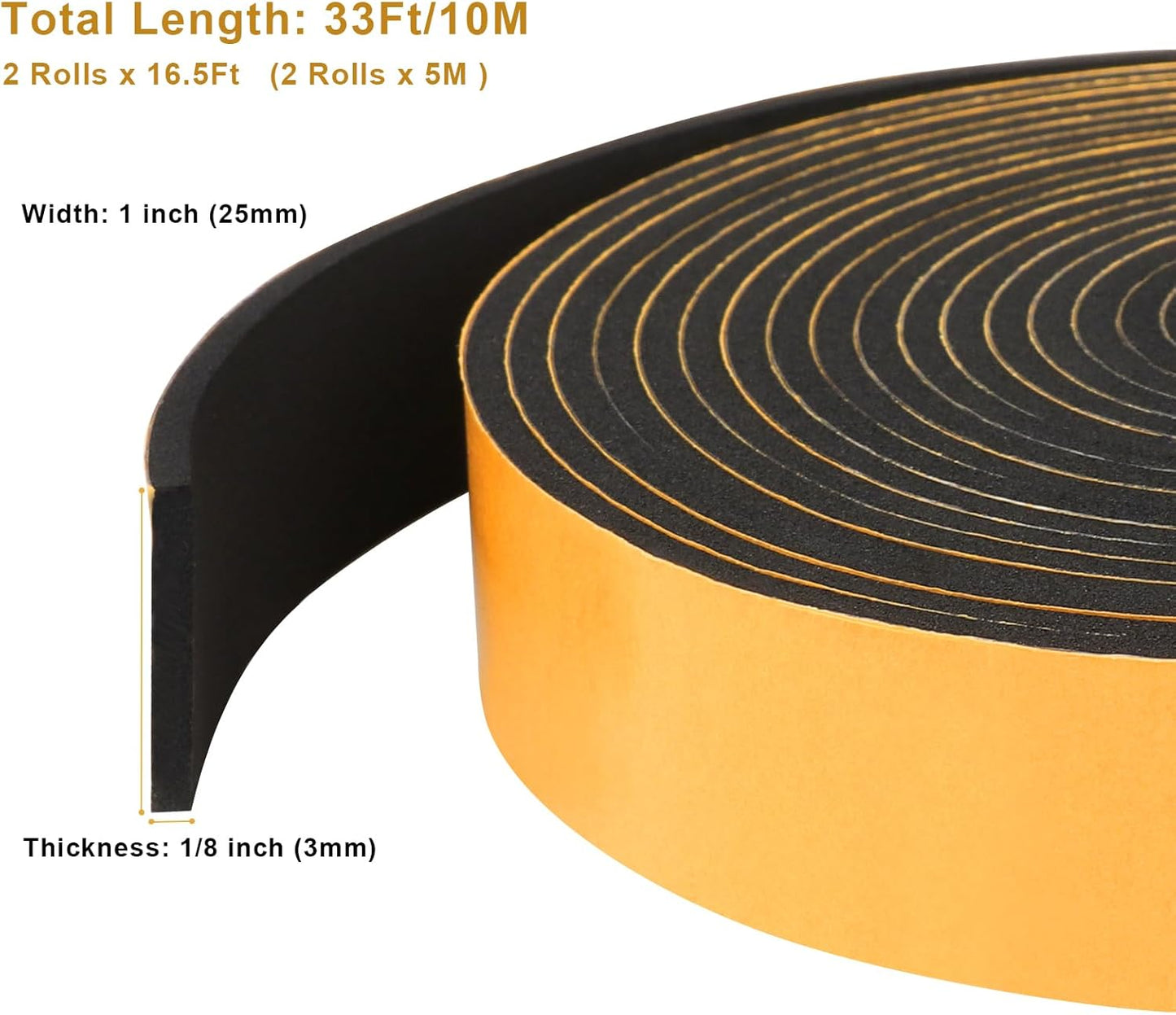 Weather Stripping High Density, Soundproof Door Seal Strips, 1 in x 1/8 in Weatherproof Foam Insulation Tapes for Windows Sliding Doors, Easy Cut to Size, 2 Rolls Total 33Ft