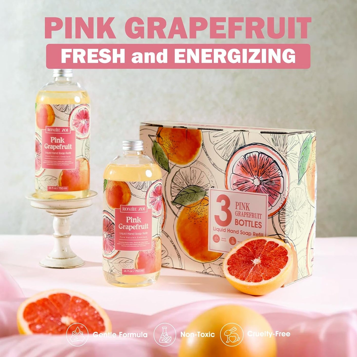 ROMIIE ZOI Liquid Hand Soap Refill Gift Set – 3 Pack (26 Fl Oz Each), Pink Grapefruit Scent – Moisturizing, Biodegradable & Cruelty-Free Formula with Essential Oils for Sensitive Skin