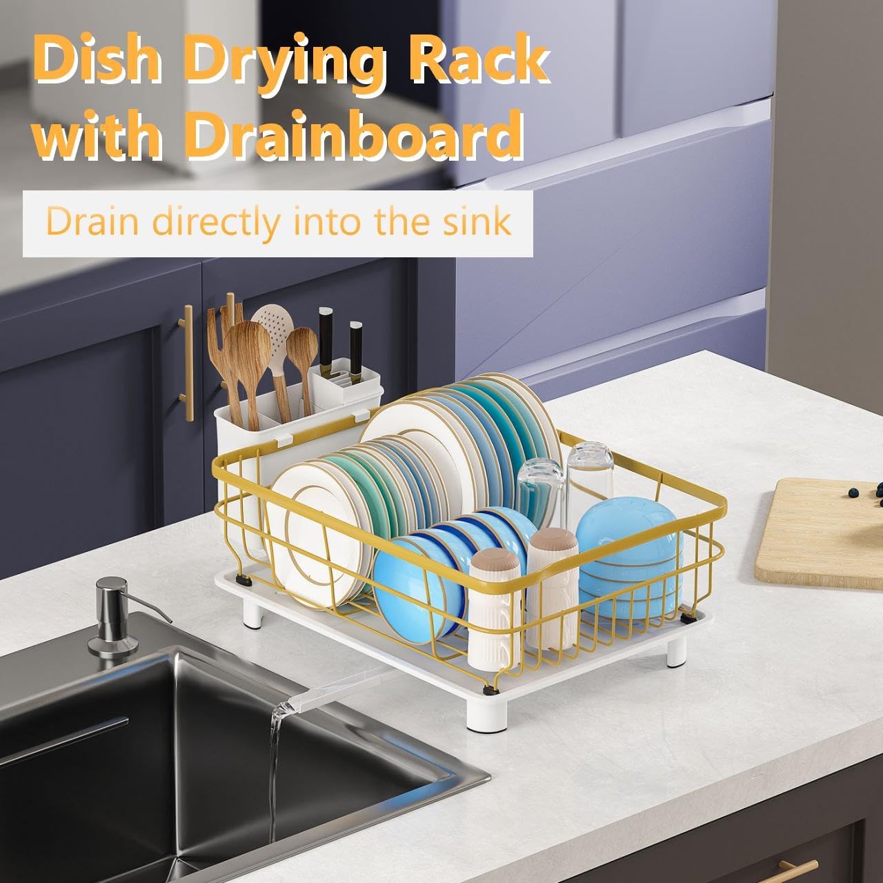 Iron Dish Drying Rack with Drainboard Dish Drainers for Kitchen Counter Extendable Spout Strainers with Utensil Holder and Knife Slots, Gold