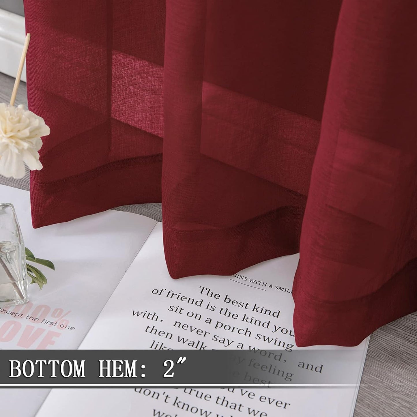 Tollpiz Sheer Curtains Linen Textured Bedroom Curtain Sheers Light Filtering Rod Pocket Voile Curtains for Living Room, 54 x 63 inches Long, Burgundy Red, Set of 2 Panels