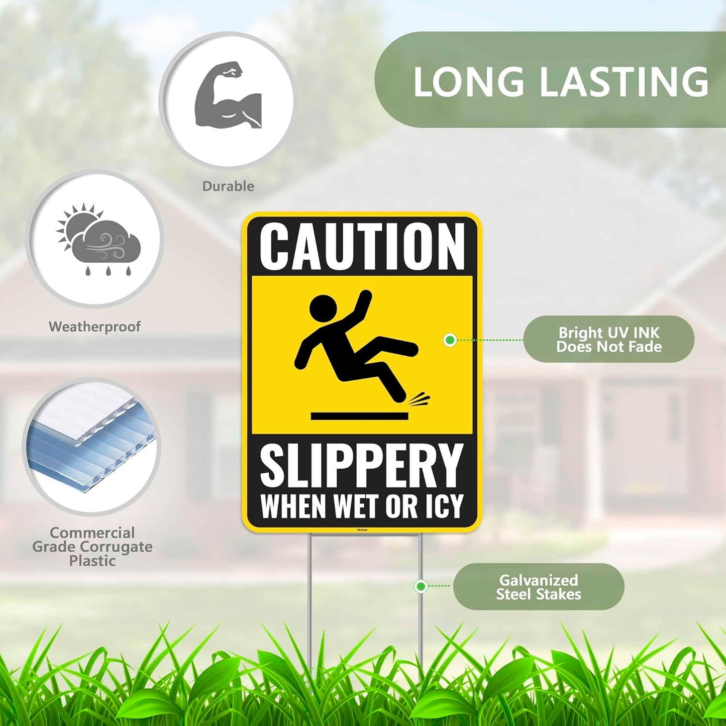 2PC Caution Slippery When Wet Or Icy Sign with Metal Stakes, 12 Inches by 9 Inches - Corrugated Plastic