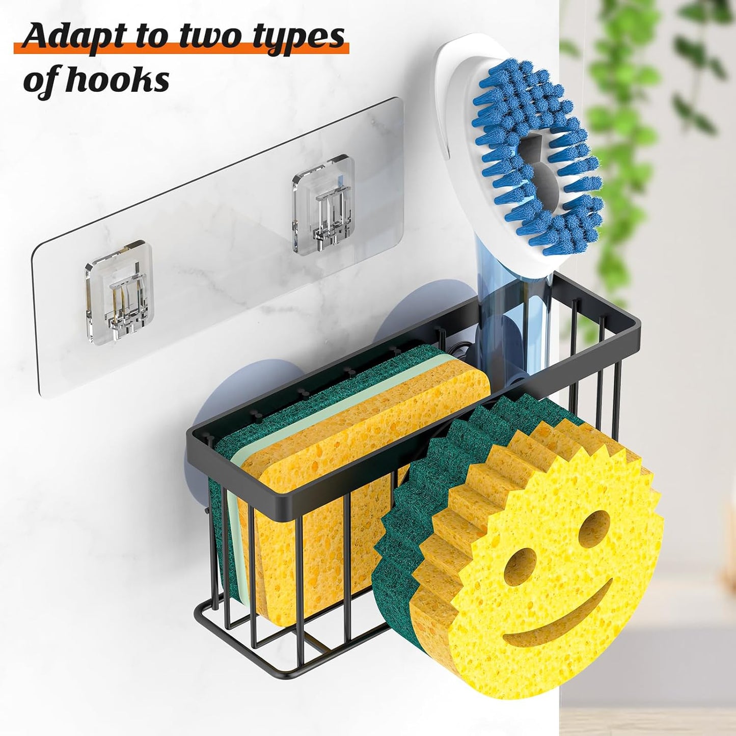 Sponge Holder Smiley Face,Sink Caddy,Sink Organizer with 2 Suction Cups/1 Adhesive Strips,Designed for Sponge,Soap,Dish Brush,Scrubber - Black