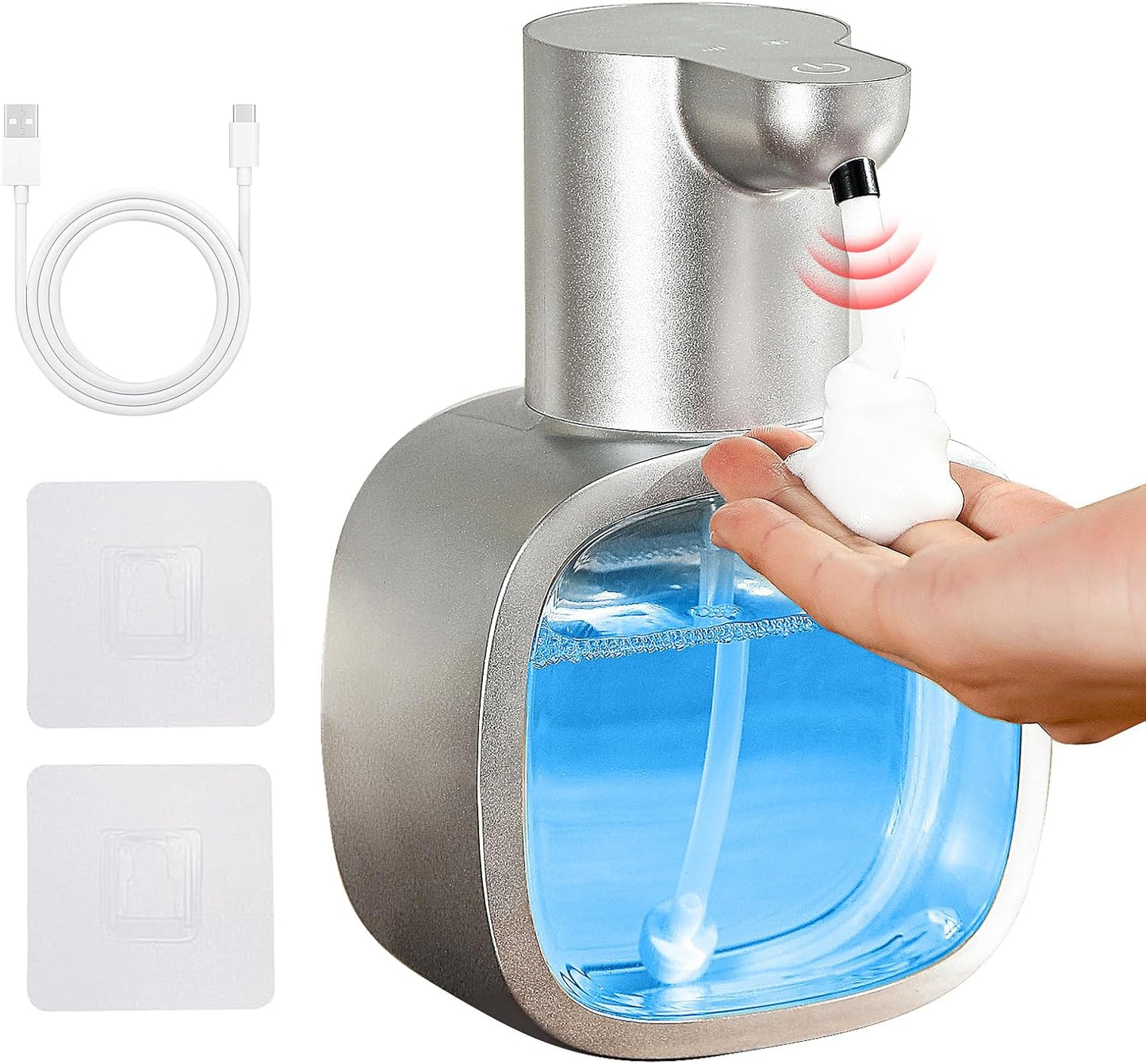 Automatic Foaming Soap Dispenser, 17oz/500ml Touchless Rechargeable with 4-Level Adjustable & IPX5 Waterproof - Level Display for Wall/Tabletop Use in Bathroom, Kitchen, Silver