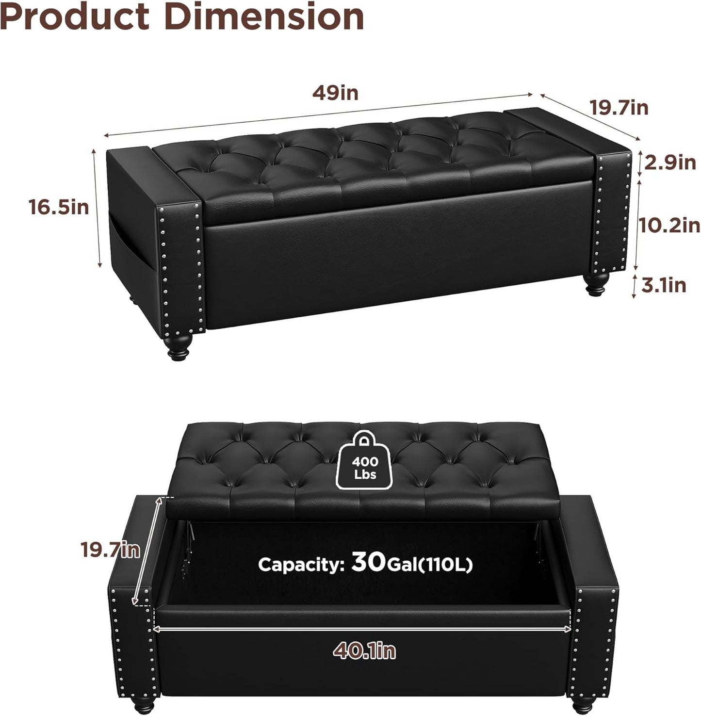 Maupvit Storage Ottoman Bench, 49 Inch Bedroom Bench, Upholstered Ottoman with Storage, Entryway Bench with Tufted Button, Faux Leather Window Bench for Bedroom, Living Room, Entryway, Hallway, Black