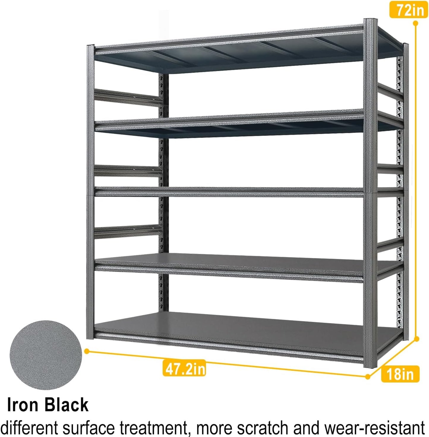 Storage Shelf 5-Tier Garage Shelving, Industrial Shelving with Guardrails, 2500LB Boltless Metal Shelves Heavy Duty for Storage Room, 18" D x 47.2" W x 72" H, Iron Black 2 Pack