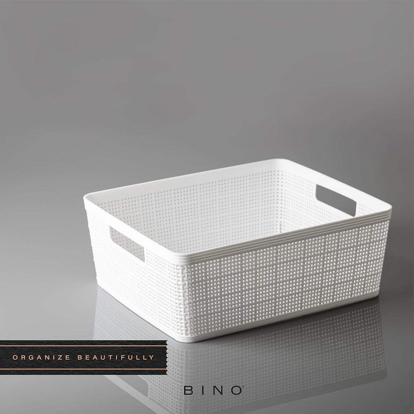 BINO | Woven Plastic Basket | Medium (White), 4-Pack | THE JUTE COLLECTION | Home Organization, Space - Saving Storage, Stylish Design | Jute Basket | Plastic Storage Basket