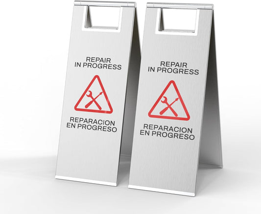 Stainless Steel Repair In Progress Sign Portable Foldable Sign 2-Pack (Silver)