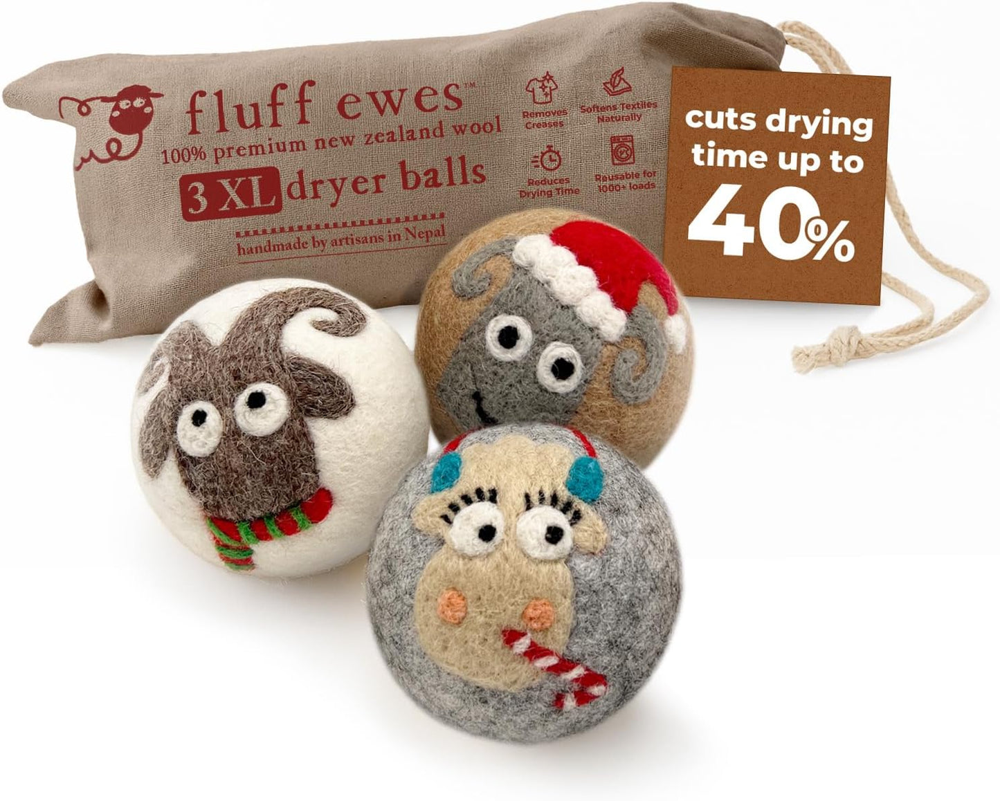 Fluff Ewes Wool Dryer Balls 3 Pack Premium New Zealand Wool Laundry Balls for Dryer, No Static Dryer Balls Laundry Reusable, XL Christmas Dryer Balls, Holiday Dryer Balls - Sheep in Heavenly Peace