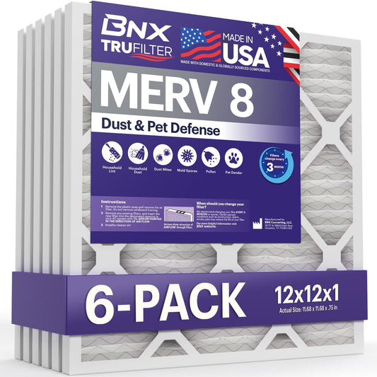 BNX TruFilter 12x12x1 Air Filter MERV 8 (6-Pack) - MADE IN USA – Dust & Pet Defense Pleated Air Conditioner HVAC AC Furnace Filters for Dust, Pet, Mold, Pollen MPR 600 – 700 & FPR 5