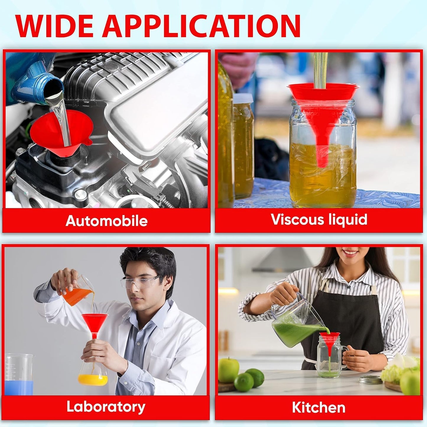 Funnel 4-Pack Funnels for Kitchen Use Filling Bottles - Food-Grade Plastic, Funnels for Automotive Use, Mess-Free Filling, funnels for Filling Bottles, Sizes (122, 101, 76 & 50mm)