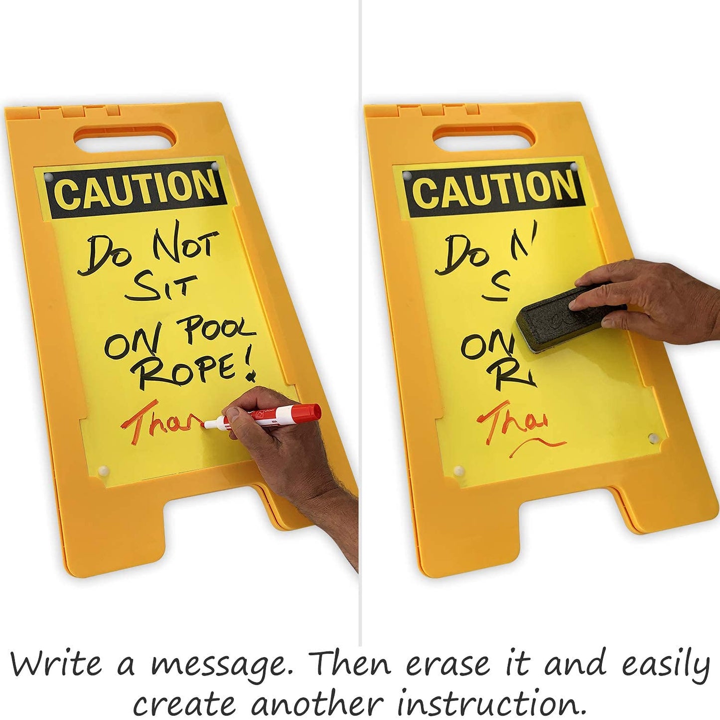 SmartSign - SF-0127-FB-25x12-DE Caution Blank Write-On Folding Floor Sign With Dry Erase Finish By | 25" x 12" Plastic