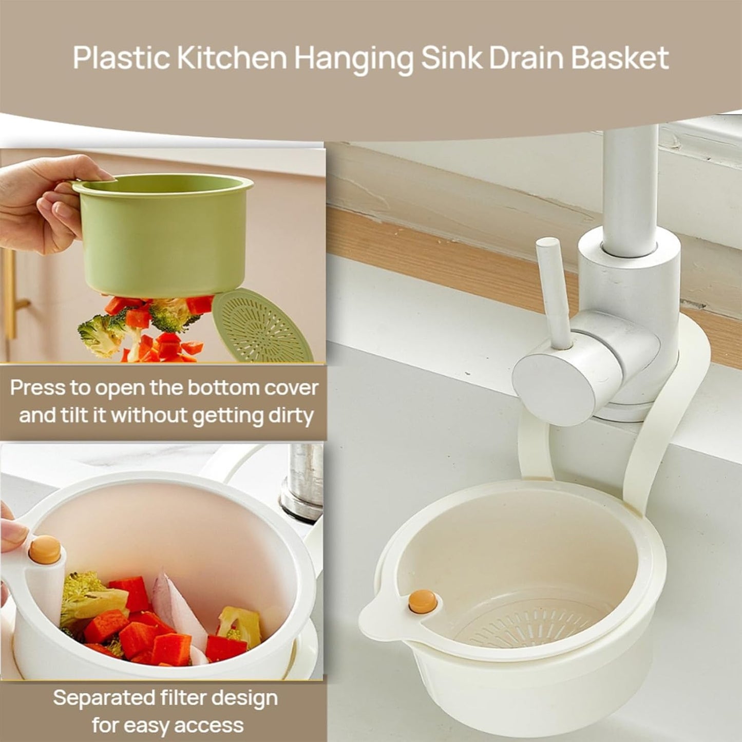 Faucet Hanging Strainer Kitchen Sink Food Waste Catcher Drain Basket, Plastic Kitchen Sink Strainer Automatic Dumping Draining Basket, Food Fruit Vegetable Drain Shelf Sink Storage Holder (White)