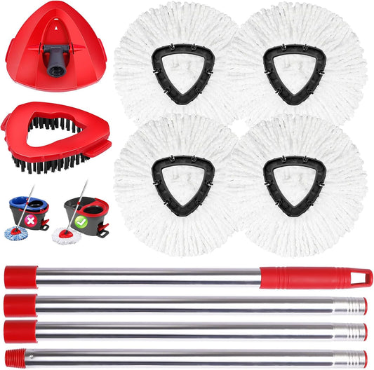Mop Heads Replacements Complete Combo for O-Ceda,4Pcs White Machine Washable Microfiber Spin Mop Refills Replace Heads,1 Scrub Brushs,1 Base,1 Set Handle,Spin Mop Replacements for Tub and Tile