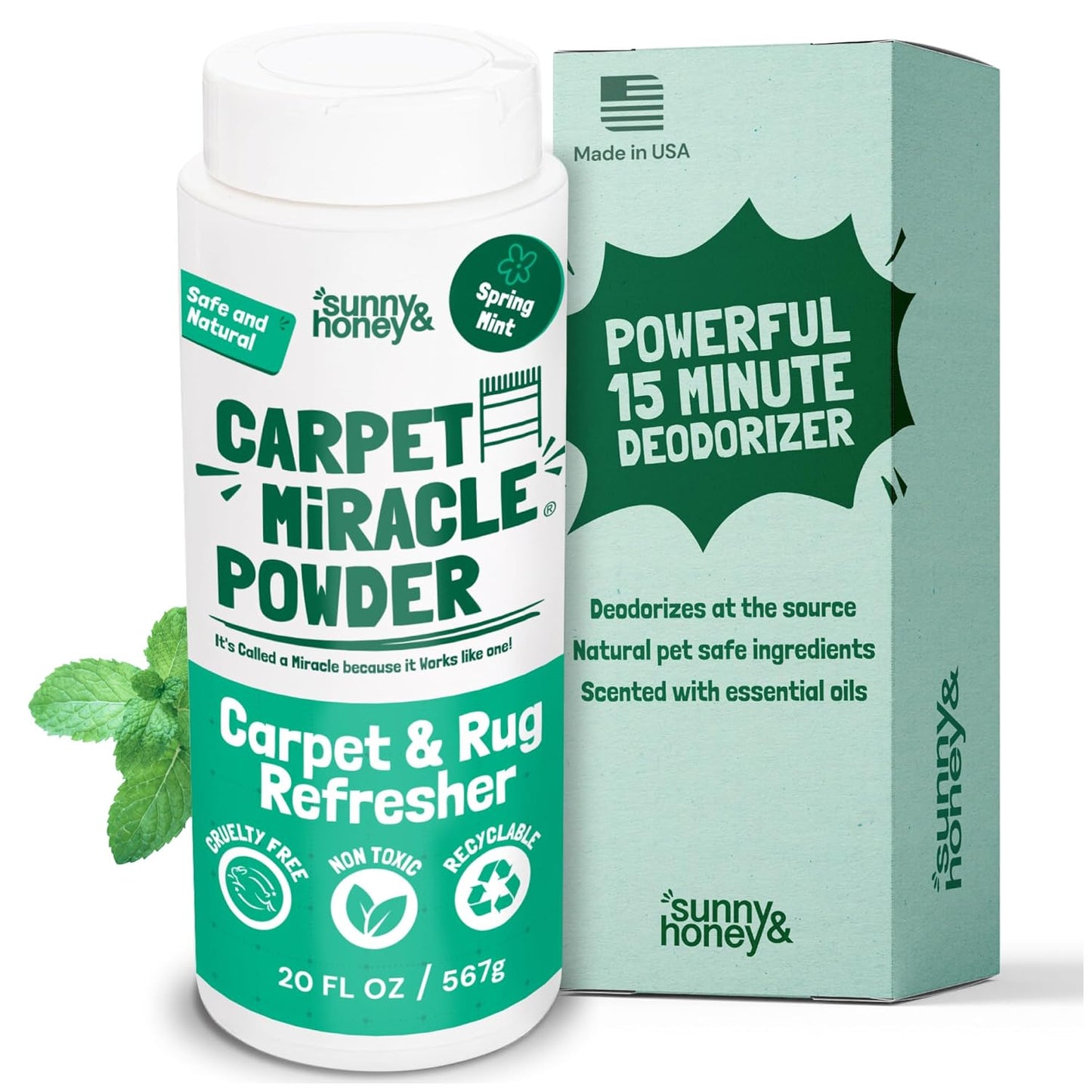 Sunny & Honey Carpet Deodorizer Powder - 20 Oz, Spring Mint - Odor Eliminator & Rug Freshener Powder for Pets & Kids