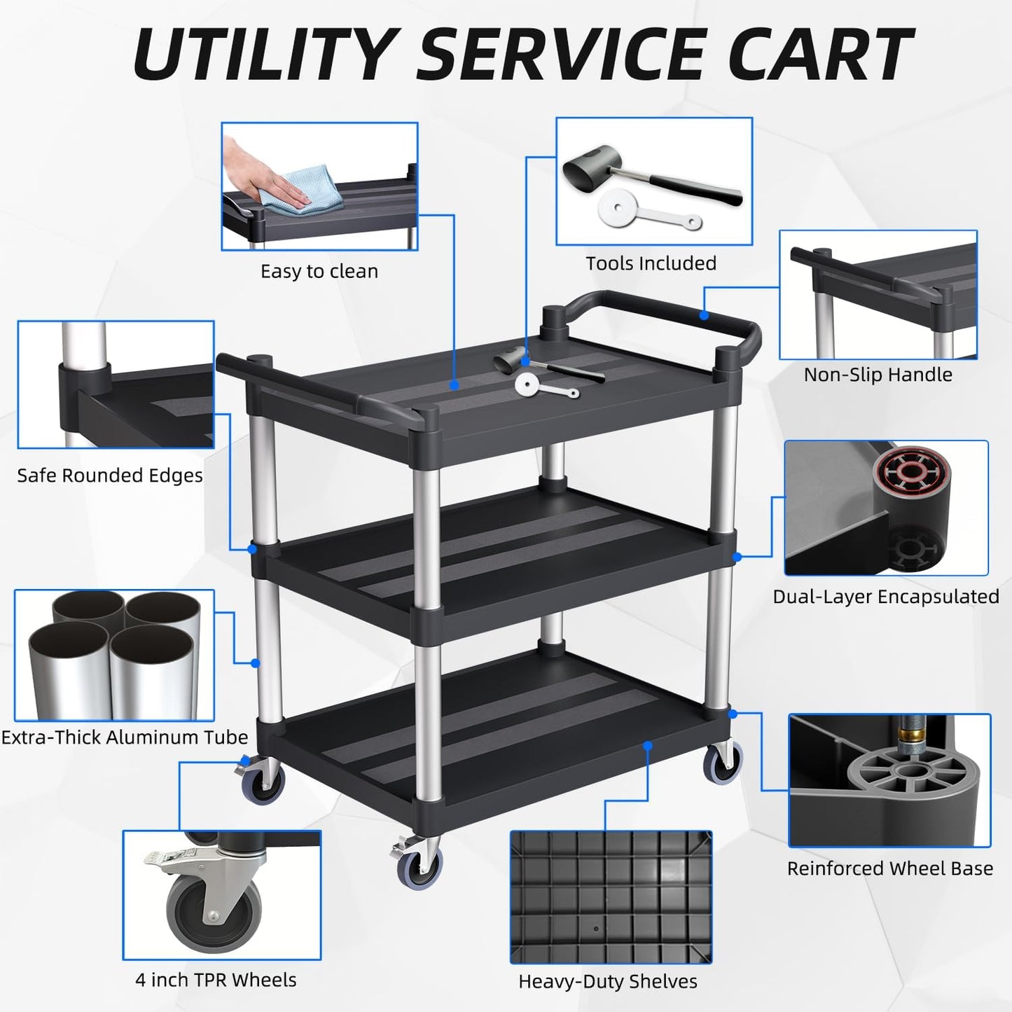 Plastic Utility Carts with Wheels, 3-Tier Rolling Service Cart, 300 lbs Heavy Duty Capacity with 4 inch Silent Casters(2 Lockable), for Home, Office, Restaurant, Warehouse.31.5"× 16" × 38"