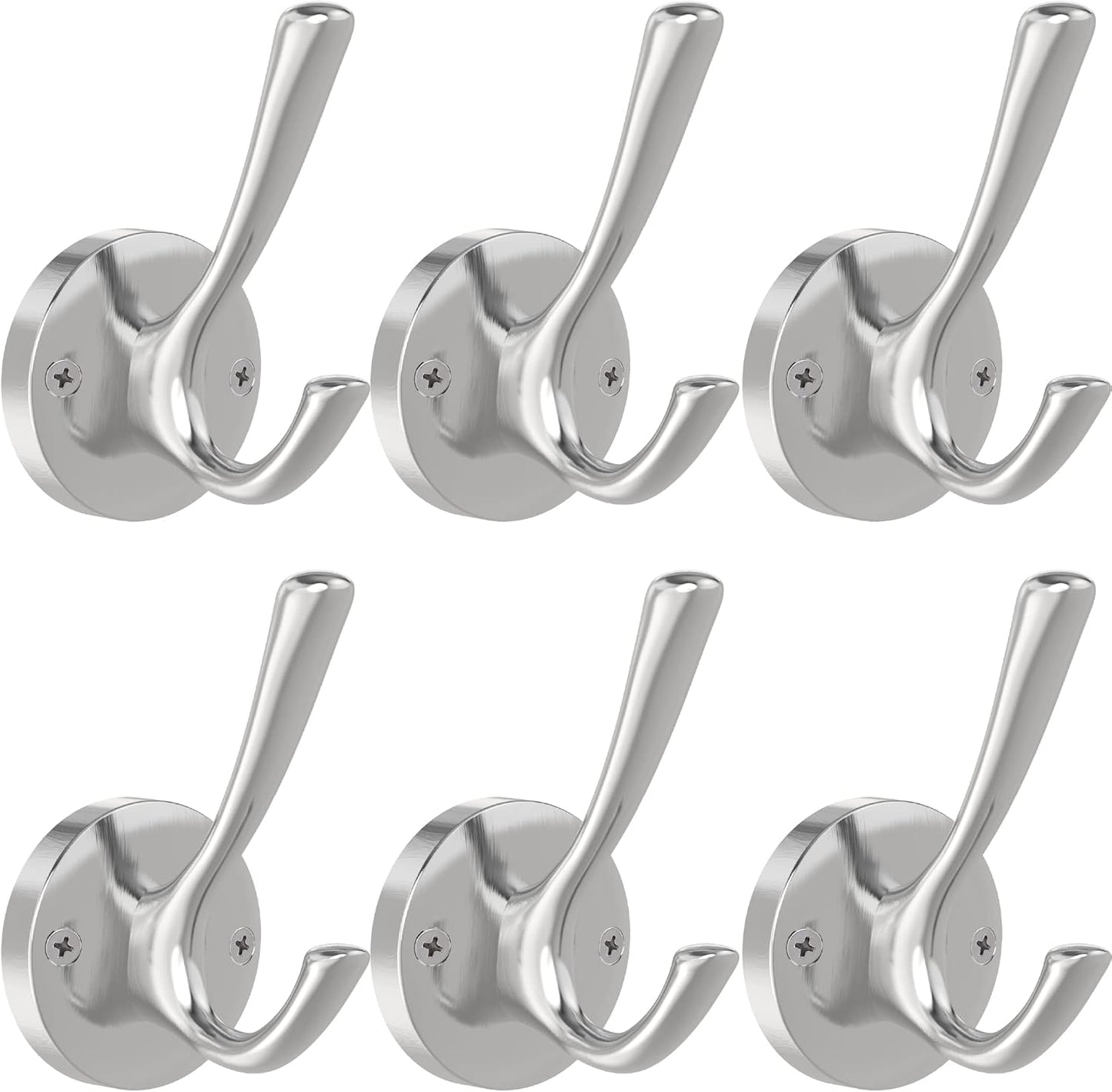 Brushed Nickel Wall Hooks, 6 Pack Coat Robe Hook Heavy Duty Metal Double Bath Hook Wall Mounted, Hand Towel Hooks for Cubicle Bathroom Kitchen Closet Garage