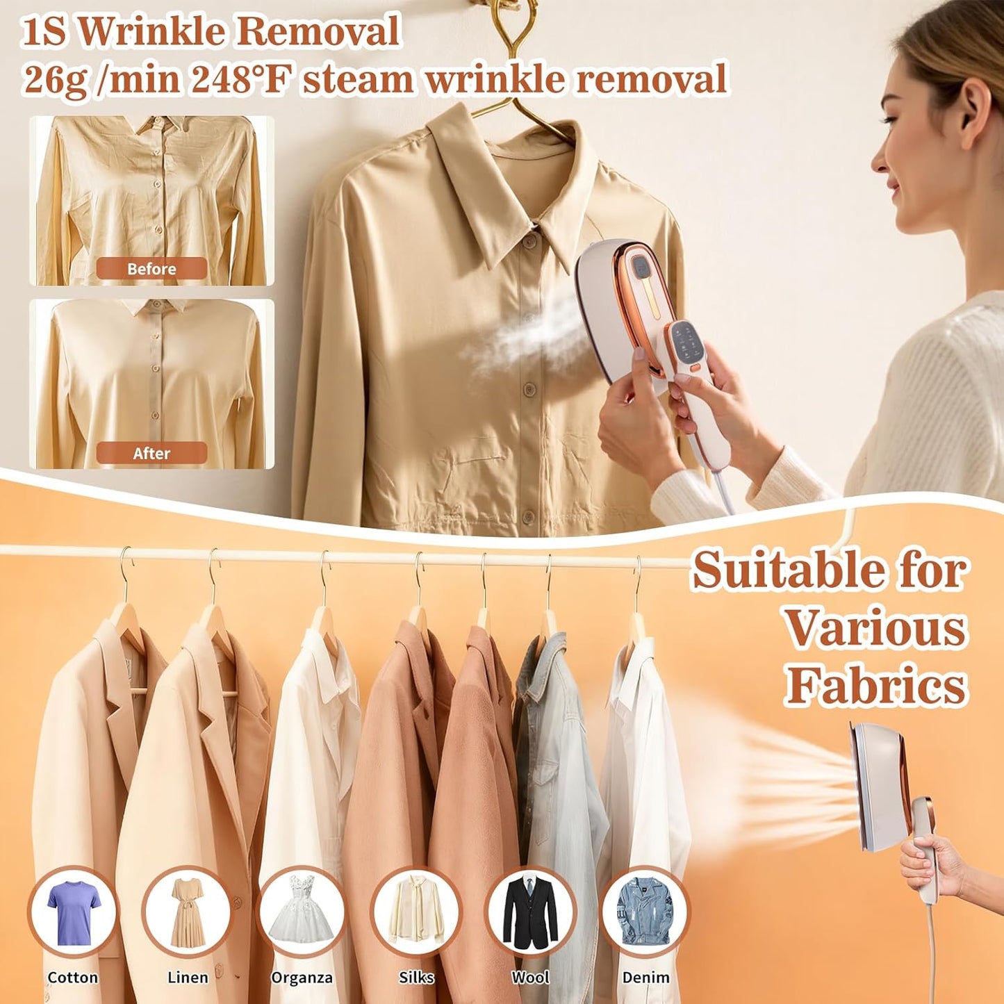 Handheld Garment Steamer 1500W – Large Ironing Panel, 20s Fast Heat-Up, 17 Steam Vents, 8 Fabric Modes & 260mL Water Tank for Home, Travel & Business