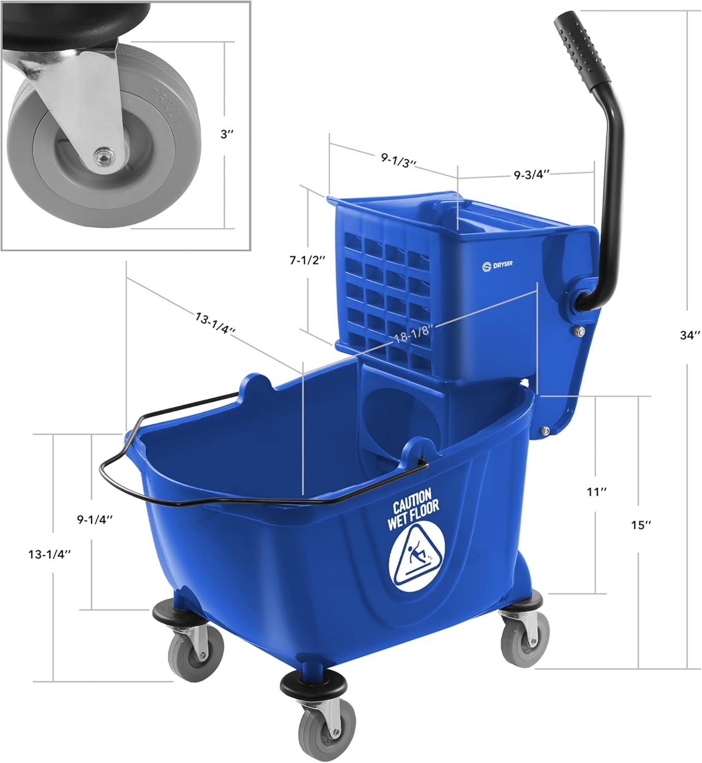 Dryser Commercial Mop Bucket with Side Press Wringer, 26 Quart, Blue