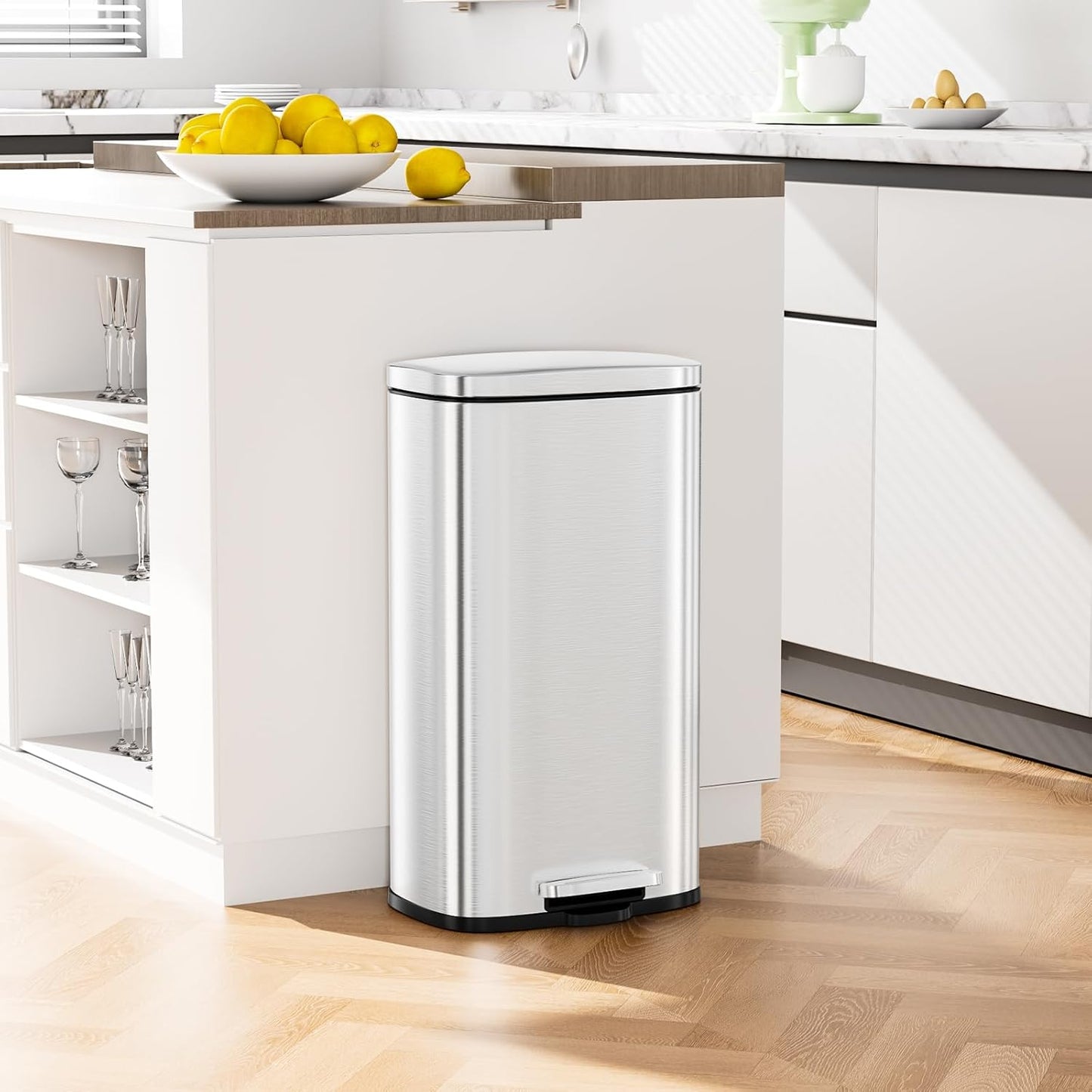 Arlopu 13.2+1.3 Gallon Step Trash Can, Stainless Steel Garbage Bin, Soft-Close Rubbish Bin with Removable Plastic Inner Bucket, Fingerprint-Proof, Lid Dustbin, for Kitchen Home (Silver)