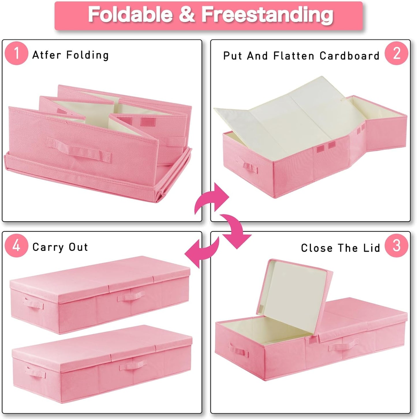 punemi Under Bed Storage With Lids, 2 Pack Pink Underbed Storage Bins Containers for Girls Daughter, Large Low Profile Stackable Drawer Organizer Box for Clothes Bedroom Couch Closet Basement