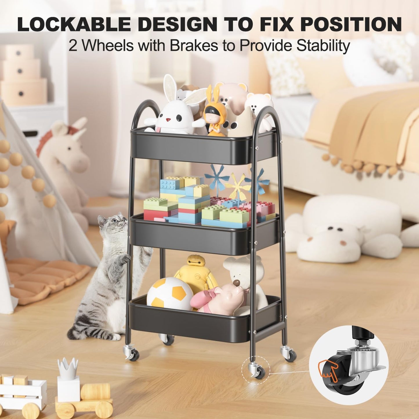 EAGMAK 3 Tier Rolling Cart, Large Metal Storage Cart with Handle and Lockable Wheels, Big Multifunctional Storage Organizer Trolley with Mesh Baskets for Kitchen, Living Room, Office, Garage (Black)