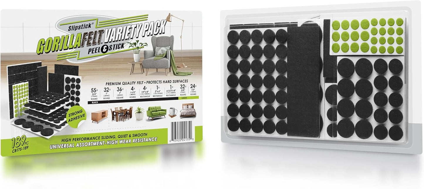 Slipstick Gorilla Felt Furniture Pads (189 Piece Variety Pack) Premium Furniture Pads & Chair Leg Floor Protectors for Hardwood Floors & Hard Surfaces
