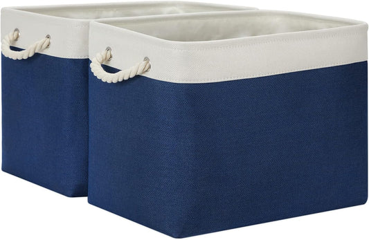 Temary Storage Baskets for Shelves, 2 Pcs Fabric Storage Bins Empty Gift Baskets for Organizing Clothes, Books, Decorative Basket with Rope Handles (White&Blue,16Lx12Wx12H Inches)